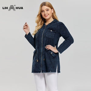 LIH HUA Women's Plus Size Casual Long Style Denim Jacket Premium Stretch Knitted Denim with shoulder pads and hat - MigrationJob