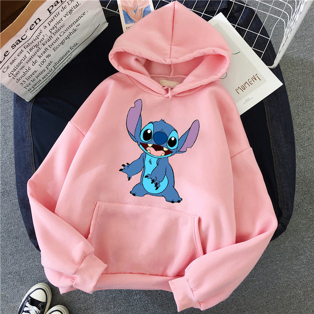 LILO STITCH  Hoodie Pullovers  Long Sleeves Harajuku Pink Pullovers Lovely Kawaii Casual Tops O-neck Women's Hooded Sweatshirt - MigrationJob