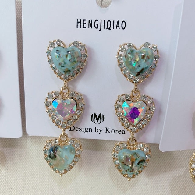 MENGJIQIAO New Korean Shiny Heart Crystal Drop Earrings For Women Fashion Shell Rhinestone Boucle D'oreille Party Jeweley Gift - MigrationJob