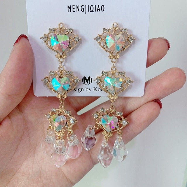 MENGJIQIAO New Korean Shiny Heart Crystal Drop Earrings For Women Fashion Shell Rhinestone Boucle D'oreille Party Jeweley Gift - MigrationJob