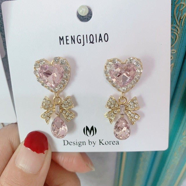 MENGJIQIAO New Korean Shiny Heart Crystal Drop Earrings For Women Fashion Shell Rhinestone Boucle D'oreille Party Jeweley Gift - MigrationJob