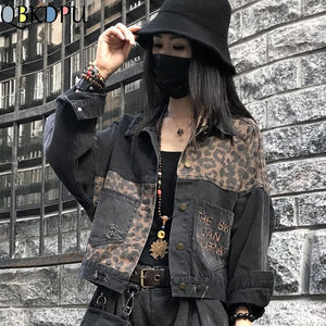 Vintage Black Leopard Women Denim Jacket Spring Harajuku Punk Jean Jackets Coat Boyfriend Loose Pocket Fashion Streetwear - MigrationJob