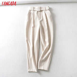 Tangada black suit pants woman high waist pants sashes pockets office ladies pants fashion middle aged pink yellow pants 6A22 - MigrationJob