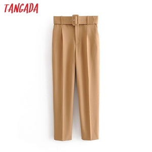 Tangada black suit pants woman high waist pants sashes pockets office ladies pants fashion middle aged pink yellow pants 6A22 - MigrationJob