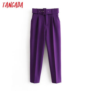 Tangada black suit pants woman high waist pants sashes pockets office ladies pants fashion middle aged pink yellow pants 6A22 - MigrationJob