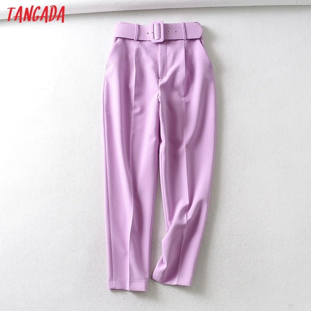 Tangada black suit pants woman high waist pants sashes pockets office ladies pants fashion middle aged pink yellow pants 6A22 - MigrationJob