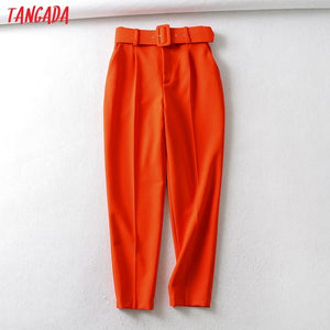 Tangada black suit pants woman high waist pants sashes pockets office ladies pants fashion middle aged pink yellow pants 6A22 - MigrationJob