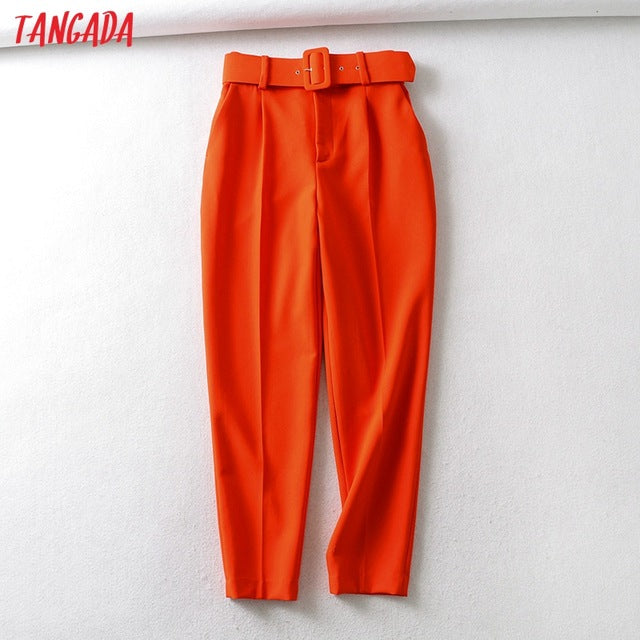 Tangada black suit pants woman high waist pants sashes pockets office ladies pants fashion middle aged pink yellow pants 6A22 - MigrationJob