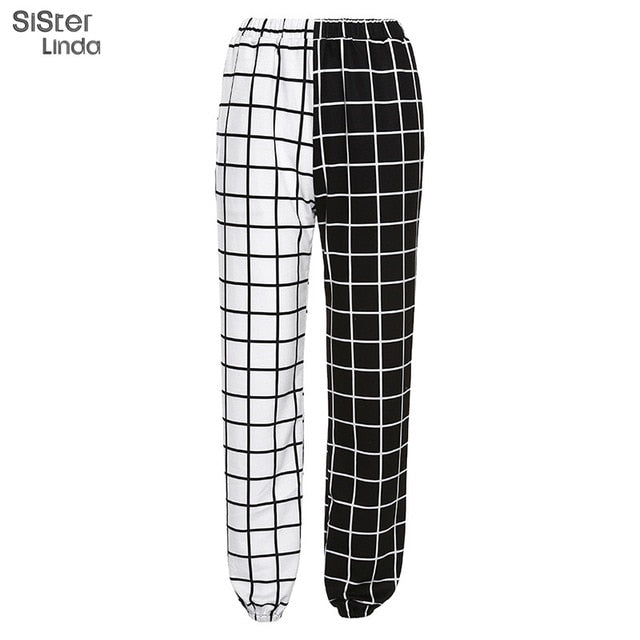 Sisterlinda Stitching Contrast Cargo Pants Women Loose Hight Waist Plaid Trousers Elasticity Sportpants Mujer Sweatpants Women - MigrationJob