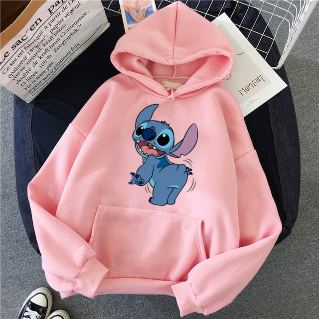 LILO STITCH  Hoodie Pullovers  Long Sleeves Harajuku Pink Pullovers Lovely Kawaii Casual Tops O-neck Women's Hooded Sweatshirt - MigrationJob