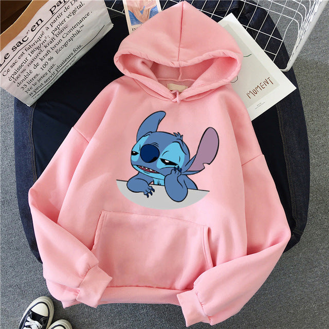 LILO STITCH  Hoodie Pullovers  Long Sleeves Harajuku Pink Pullovers Lovely Kawaii Casual Tops O-neck Women's Hooded Sweatshirt - MigrationJob