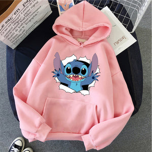 LILO STITCH  Hoodie Pullovers  Long Sleeves Harajuku Pink Pullovers Lovely Kawaii Casual Tops O-neck Women's Hooded Sweatshirt - MigrationJob