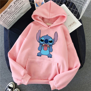 LILO STITCH  Hoodie Pullovers  Long Sleeves Harajuku Pink Pullovers Lovely Kawaii Casual Tops O-neck Women's Hooded Sweatshirt - MigrationJob