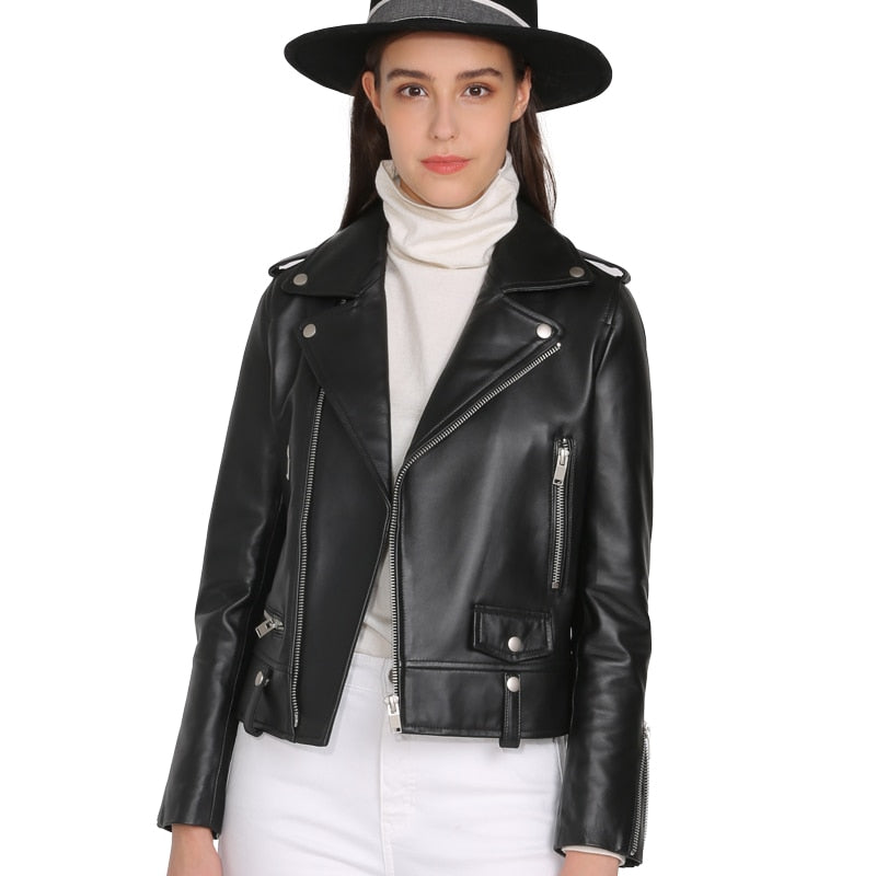 Spring Genuine Leather Jacket Women 2019 Fashion Real Sheepskin Coat Rivet Motorcycle Biker Jacket Female Sheep Leather Coat - MigrationJob