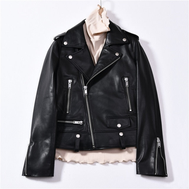 Spring Genuine Leather Jacket Women 2019 Fashion Real Sheepskin Coat Rivet Motorcycle Biker Jacket Female Sheep Leather Coat - MigrationJob