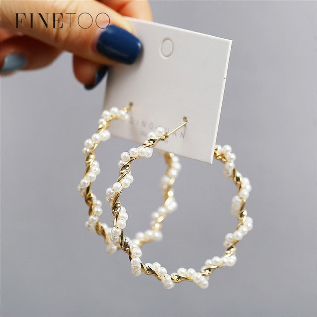 Simple Plain Gold Color Metal Pearl Hoop Earrings Fashion Big Circle Hoops Statement Earrings for Women Party Jewelry - MigrationJob