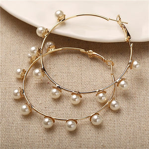 Simple Plain Gold Color Metal Pearl Hoop Earrings Fashion Big Circle Hoops Statement Earrings for Women Party Jewelry - MigrationJob