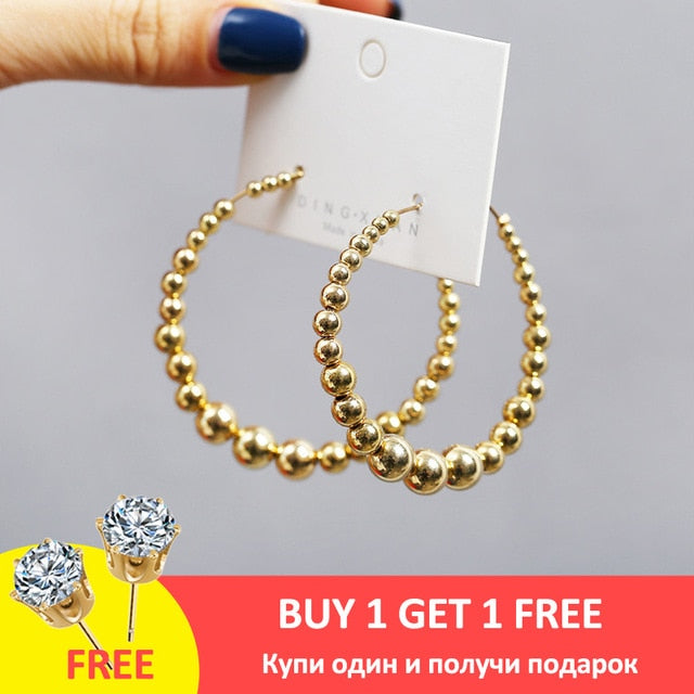 Simple Plain Gold Color Metal Pearl Hoop Earrings Fashion Big Circle Hoops Statement Earrings for Women Party Jewelry - MigrationJob