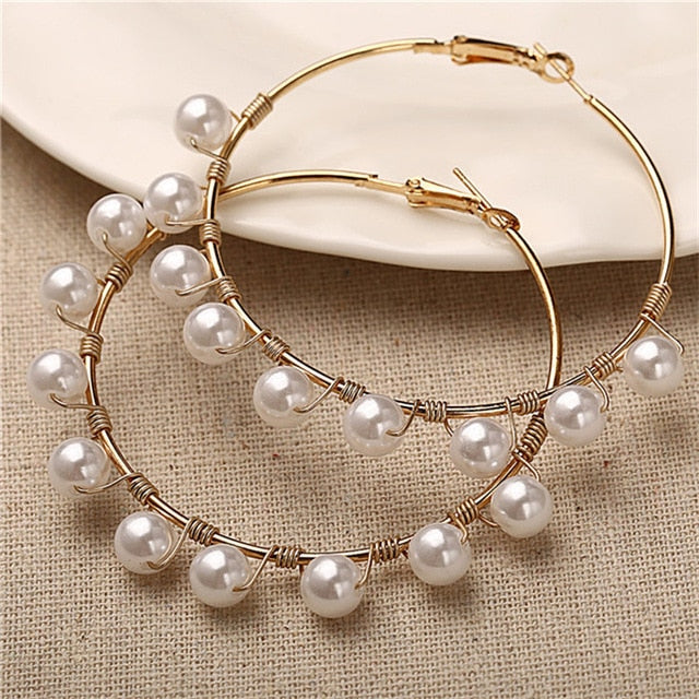 Simple Plain Gold Color Metal Pearl Hoop Earrings Fashion Big Circle Hoops Statement Earrings for Women Party Jewelry - MigrationJob